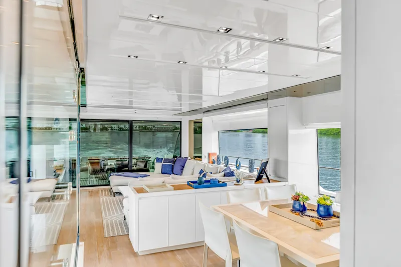 Slide: The Image of Luxurious interior of 2018 Sanlorenzo SL78 yacht with modern furnishings and large windows. - 31