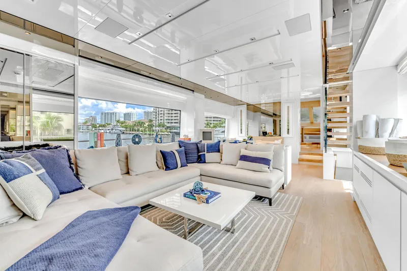 Slide: The Image of Luxurious interior of 2018 Sanlorenzo SL78 yacht with modern decor and waterfront view. - 36