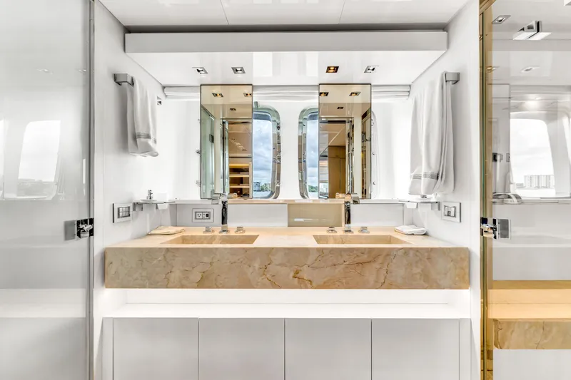 Slide: The Image of Luxurious bathroom in 2018 Sanlorenzo SL78 yacht with dual sinks and modern design. - 45