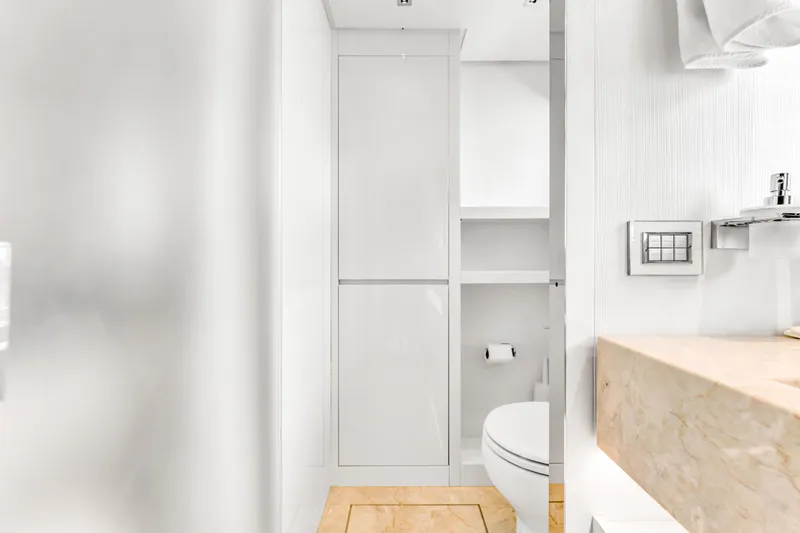 Slide: The Image of Modern bathroom on 2018 Sanlorenzo SL78 yacht, featuring sleek design and neutral tones. - 49
