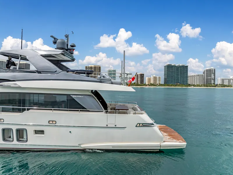 Slide: The Image of Sanlorenzo SL78 2018 yacht on calm water with city skyline in background. - 5