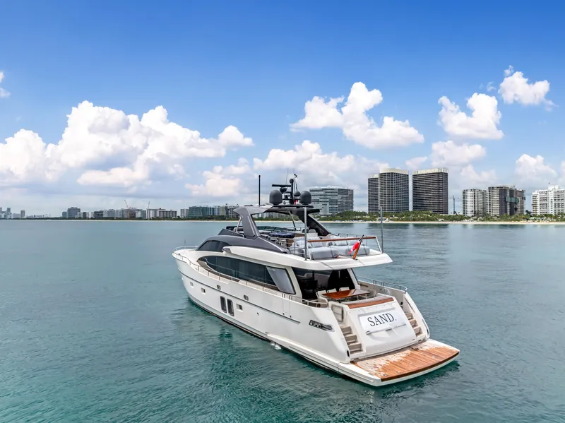 Slide: The Image of Sanlorenzo SL78 2018 yacht on calm water with city skyline in background. - 7