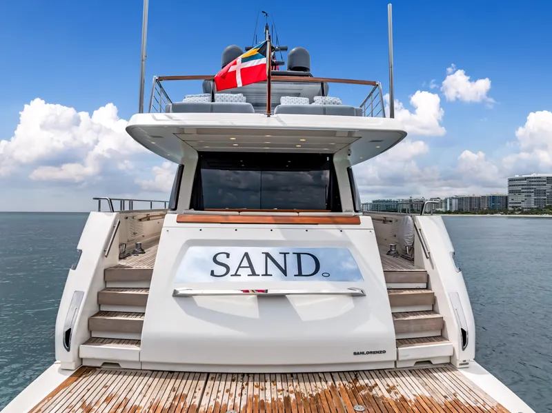 Slide: The Image of Sanlorenzo SL78 2018 yacht, rear view, docked with clear sky and water backdrop. - 8