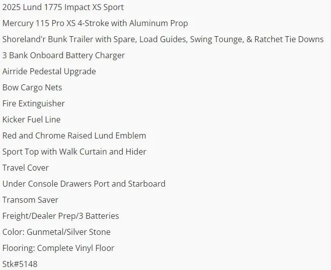 Slide: The Image of 2025 Lund 1775 Impact XS Sport boat features and specifications list. - 5