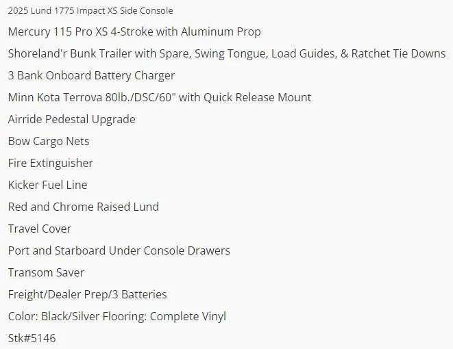Slide: The Image of 2025 Lund 1775 Impact XS SS features list with accessories and specifications. - 4