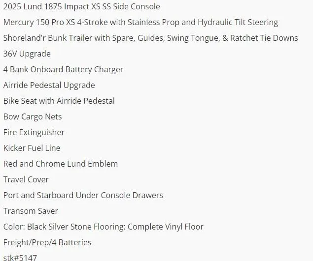 Slide: The Image of Text listing features of the 2025 Lund 1875 Impact XS SS boat model. - 4