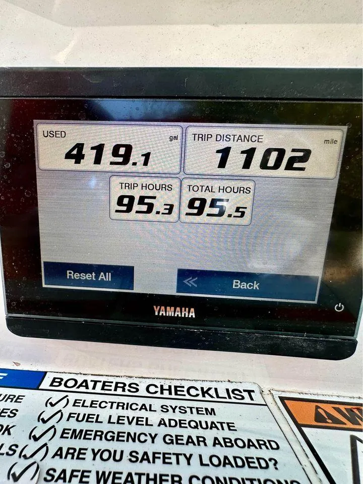 Slide: The Image of Yamaha display showing fuel usage and trip data on a 2022 NauticStar 249 XTS boat. - 5