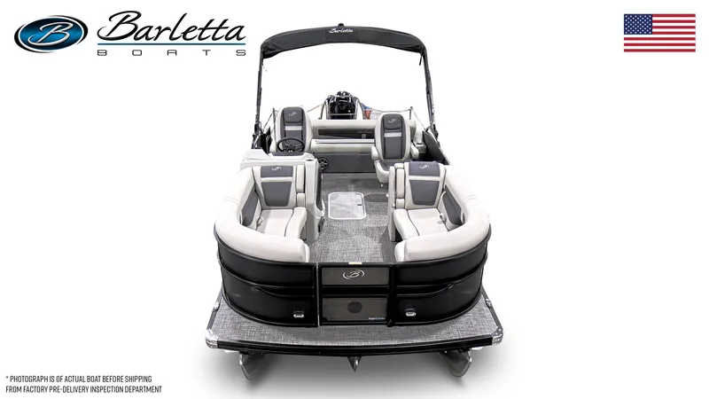 Slide: The Image of 2025 Barletta C22UC pontoon boat, luxury seating, sleek design, American flag, Barletta logo. - 15