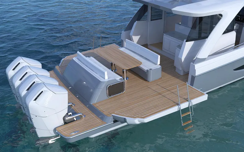 Slide: The Image of 2025 Valhalla V-55 Sport Yacht with four engines, spacious deck, and modern design. - 2