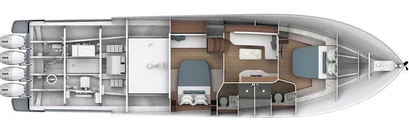 Slide: The Image of 2025 Valhalla V-55 Sport Yacht interior layout with cabins and engines. - 3