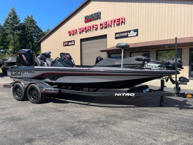 The Image of 2025 Nitro Z20 XL Pro boat at D&R Sports Center, parked on a trailer. - 2