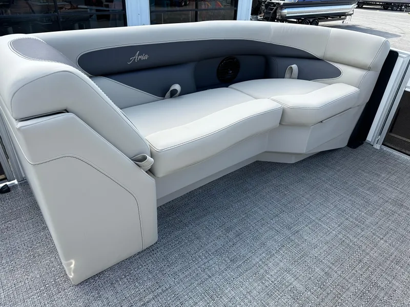 Slide: The Image of 2024 Barletta A22UC boat interior seating with gray upholstery and modern design. - 20
