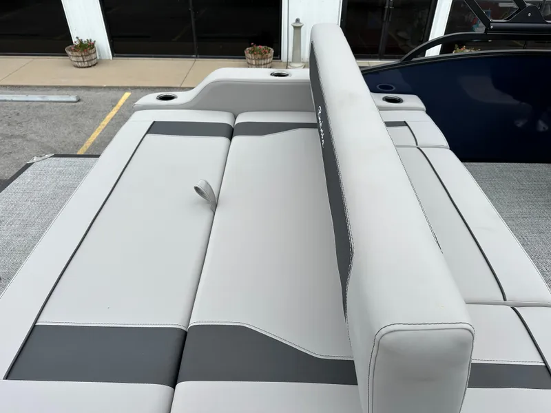 Slide: The Image of 2025 Barletta A22UC boat seating with gray and white upholstery. - 12