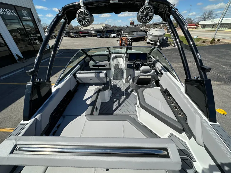 Slide: The Image of 2023 Cobalt R4 boat interior with modern seating and sleek design. - 13