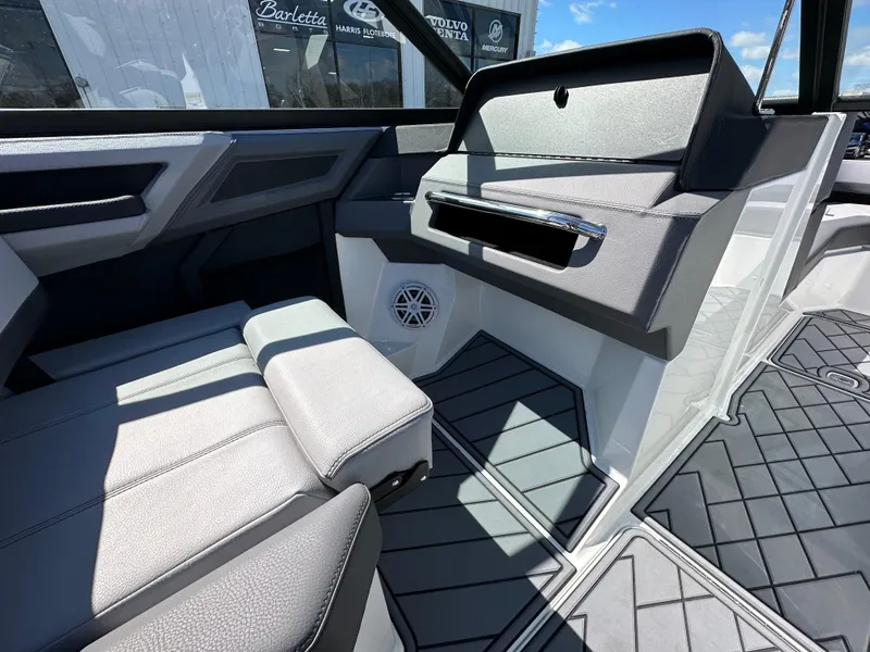Slide: The Image of 2023 Cobalt R4 boat interior with modern seating and sleek design. - 20