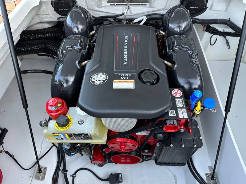 Slide: The Image of 2024 Cobalt R6 engine compartment featuring a Volvo Penta 380 V8 engine. - 28
