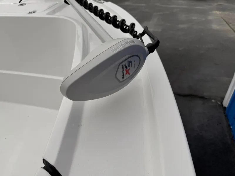 Slide: The Image of Close-up of a 2025 Parker 23SE Center Console boat's trolling motor. - 9