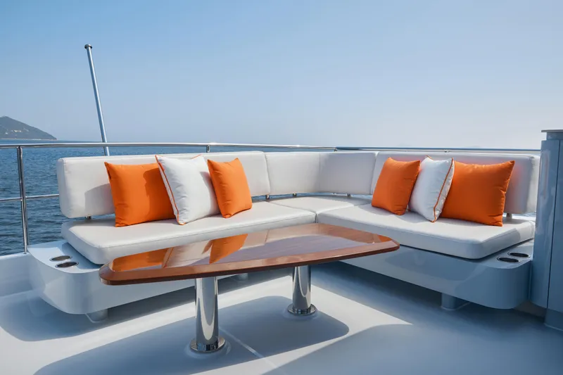 Slide: The Image of 2024 CL Yachts CLB65 yacht deck with white seating, orange cushions, and wooden table. - 14