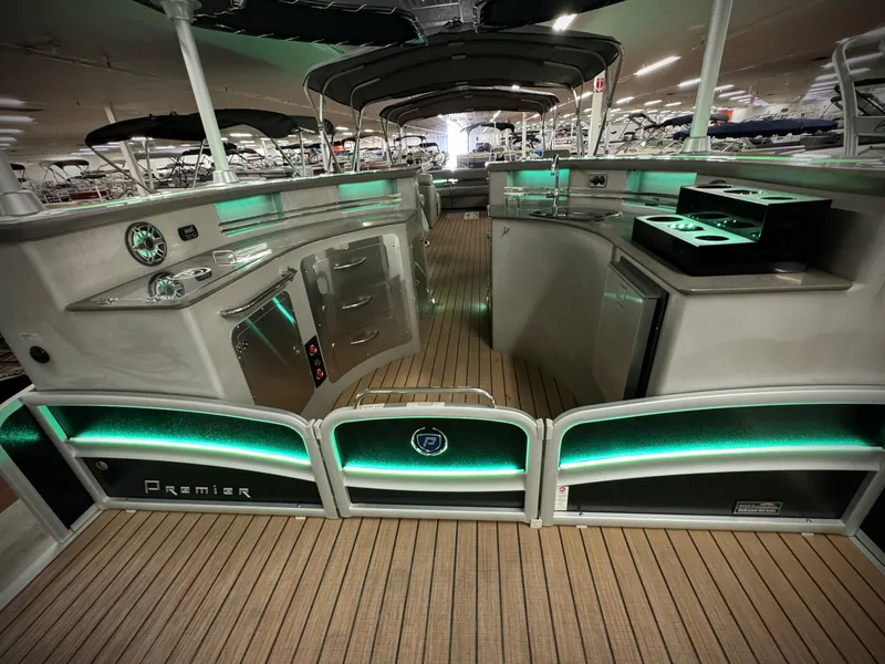 Slide: The Image of Luxurious 2019 Premier Accolade 310 boat interior with modern amenities and ambient lighting. - 42