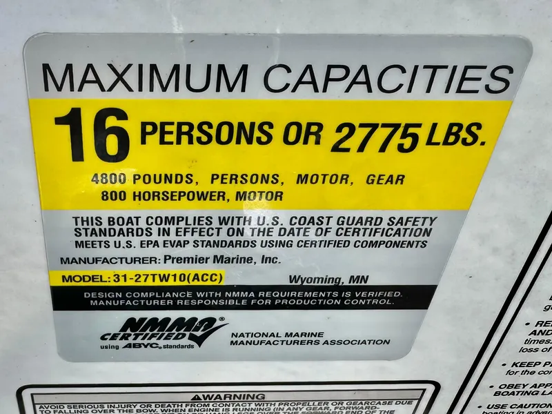 Slide: The Image of Maximum capacity label for Premier Accolade 310 boat, 16 persons or 2775 lbs, 2019 model. - 46