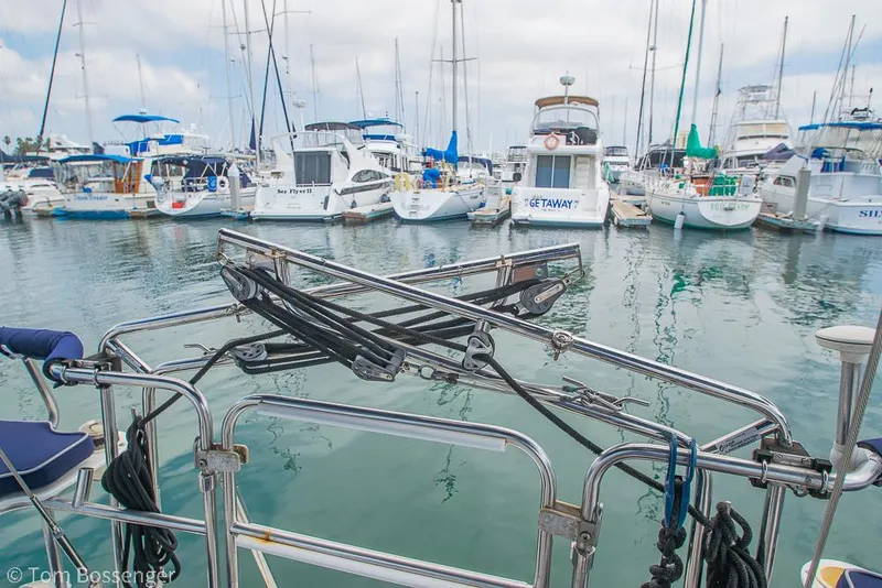 Slide: The Image of Catalina 36 MkII sailboat in marina, surrounded by various boats, 2002 model. - 37