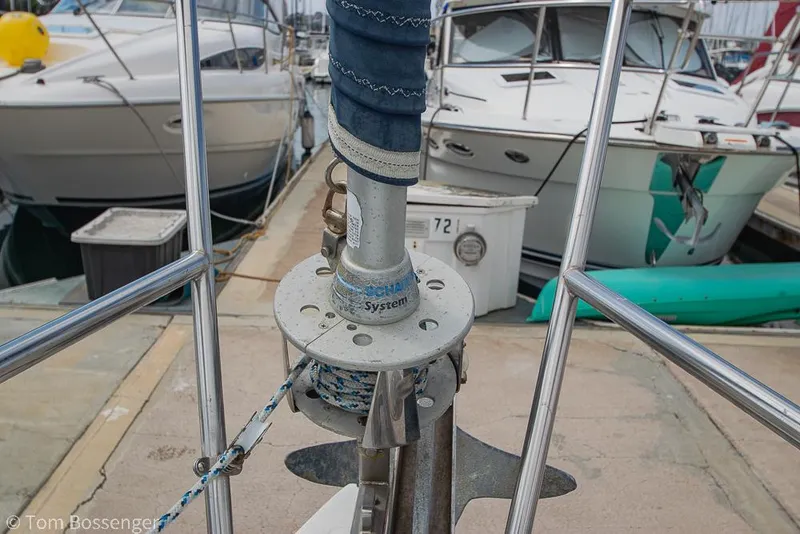 Slide: The Image of Bow of a 2002 Catalina 36 MkII sailboat docked at a marina. - 48