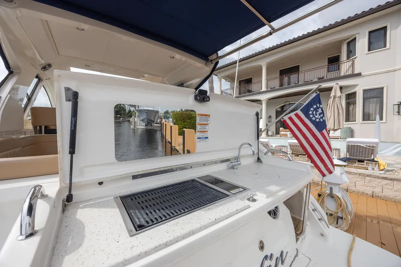Slide: The Image of 2019 Sea Ray Sundancer 350 Coupe with outdoor grill and American flag, docked by a waterfront home. - 22