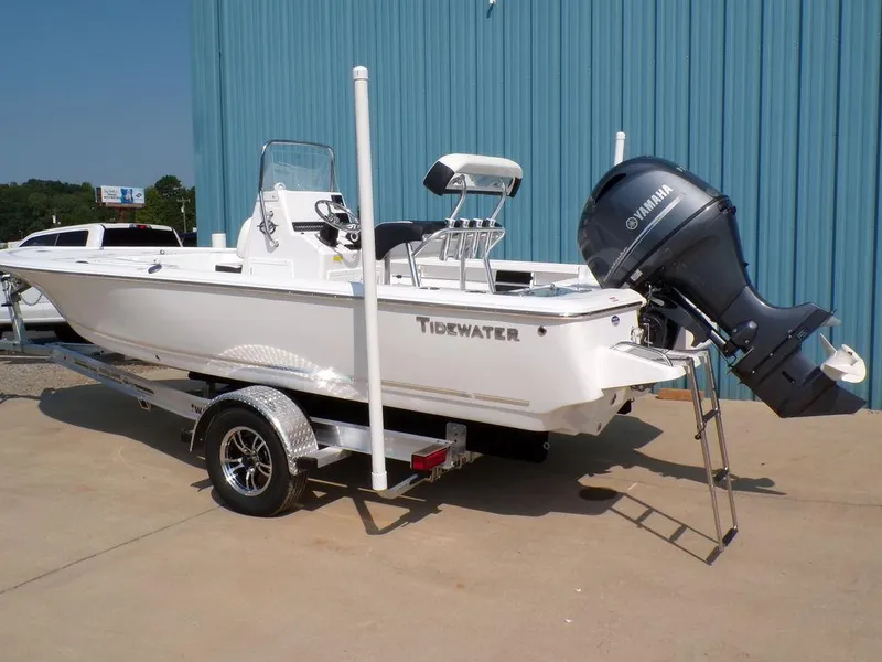 Slide: The Image of 2025 Tidewater 1910 Bay Max boat with Yamaha engine on trailer. - 12