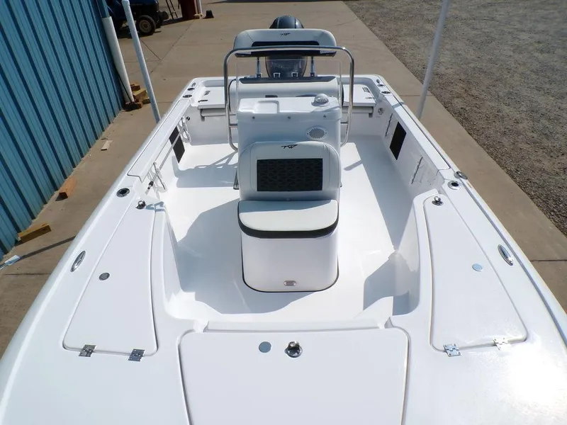 Slide: The Image of 2025 Tidewater 1910 Bay Max boat with spacious deck and modern console design. - 21