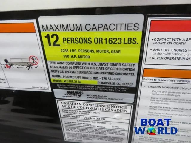 Slide: The Image of Capacity label for 2025 Princecraft Vectra 23 RL pontoon, 12 persons or 1623 lbs. - 19