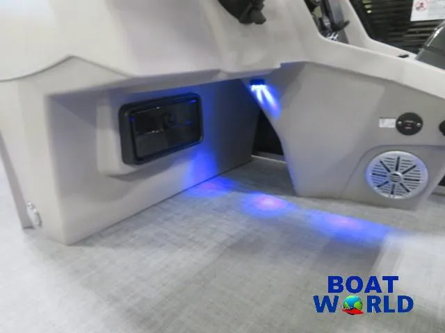 Slide: The Image of Princecraft Vectra 23 RL pontoon interior with blue LED lighting, 2025 model. - 20