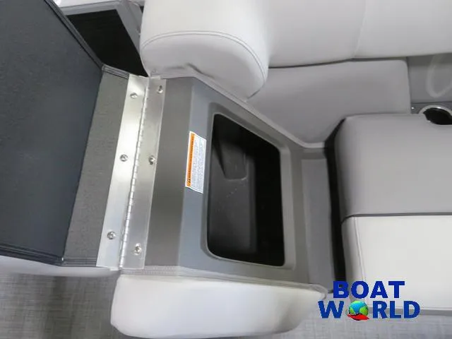 Slide: The Image of 2025 Princecraft Vectra 23 RL pontoon seat storage compartment, Boat World logo visible. - 25