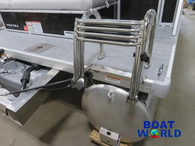 Slide: The Image of 2025 Princecraft Vectra 23 RL pontoon boat with Mercury engine, rear view. - 36