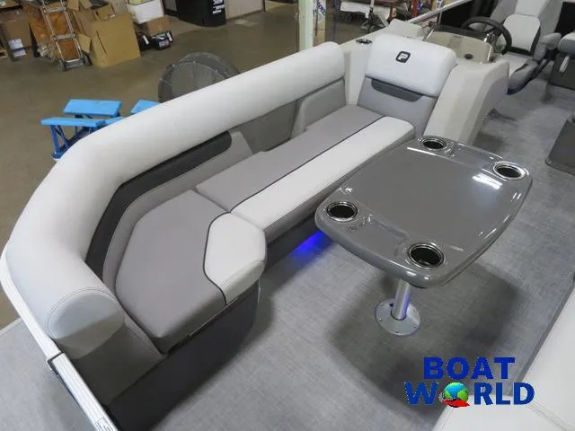Slide: The Image of 2025 Princecraft Vectra 23 RL pontoon interior with swingback dinette and modern seating. - 8