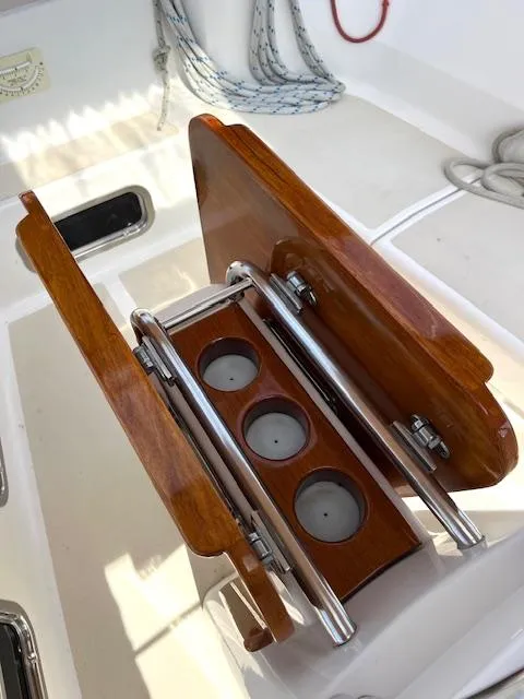Slide: The Image of Wooden folding table on 1998 Tartan 4100 sailboat deck. - 19