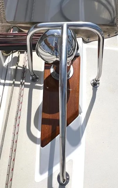 Slide: The Image of Close-up of 1998 Tartan 4100 sailboat deck with polished metal fittings. - 32