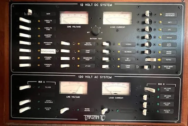Slide: The Image of Tartan 4100 electrical panel, 1998 model, featuring 12V DC and 120V AC systems. - 45