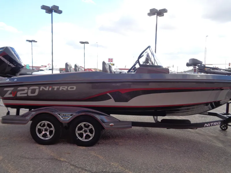 Slide: The Image of 2024 Nitro ZV20 Pro fishing boat on trailer, side view. - 3