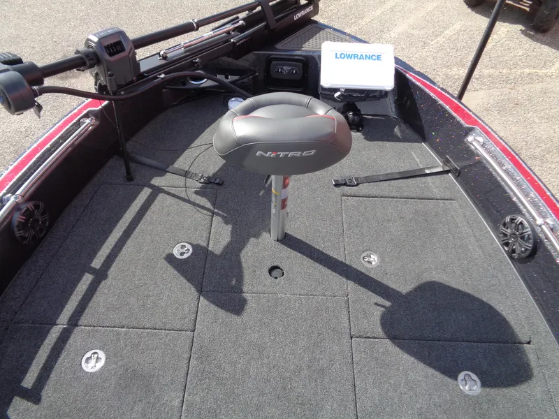 Slide: The Image of 2024 Nitro ZV20 Pro boat deck with Lowrance equipment and seating. - 8
