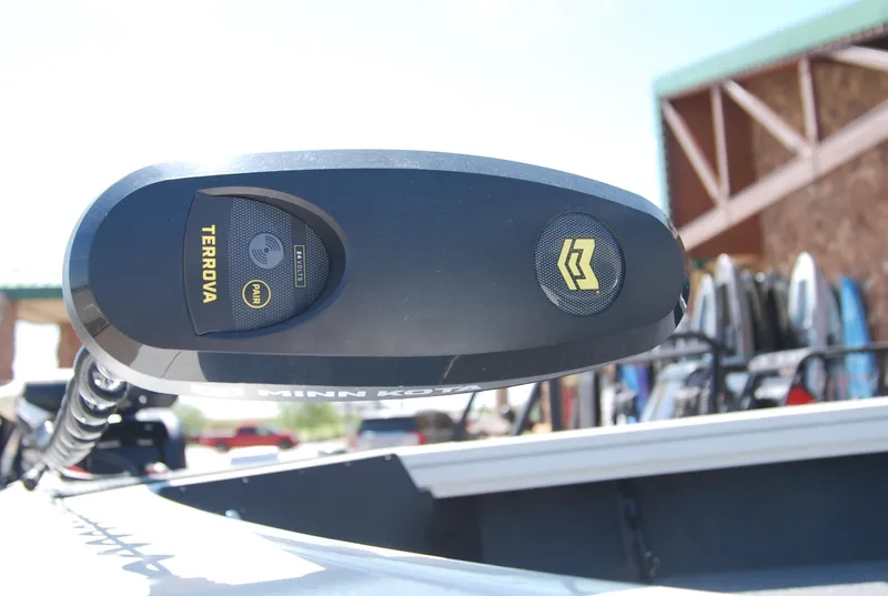 Slide: The Image of 2024 Ranger VX1988 WT boat with Minn Kota Terrova trolling motor, close-up view. - 2