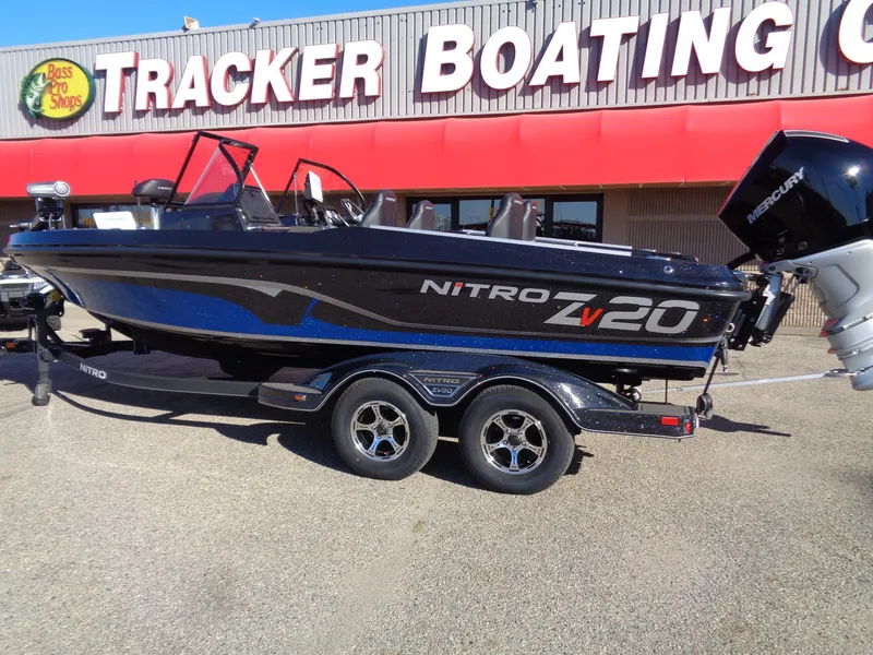 Slide: The Image of 2024 Nitro ZV20 Pro boat on trailer at Tracker Boating Center. - 2