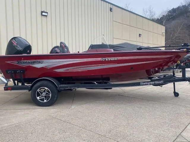 Slide: The Image of 2024 Ranger VS1782SC Angler boat interior with gray and red seating. - 1