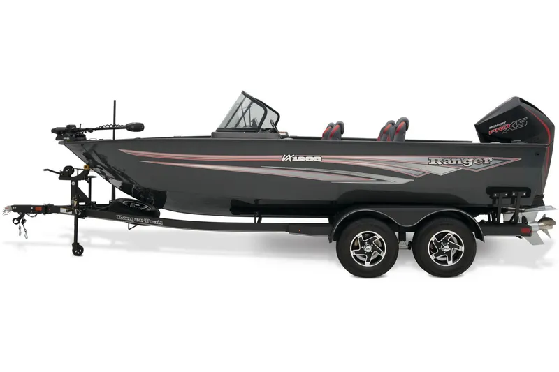 Slide: The Image of 2024 Ranger VX1988 WT boat interior with dual consoles and spacious deck. - 2