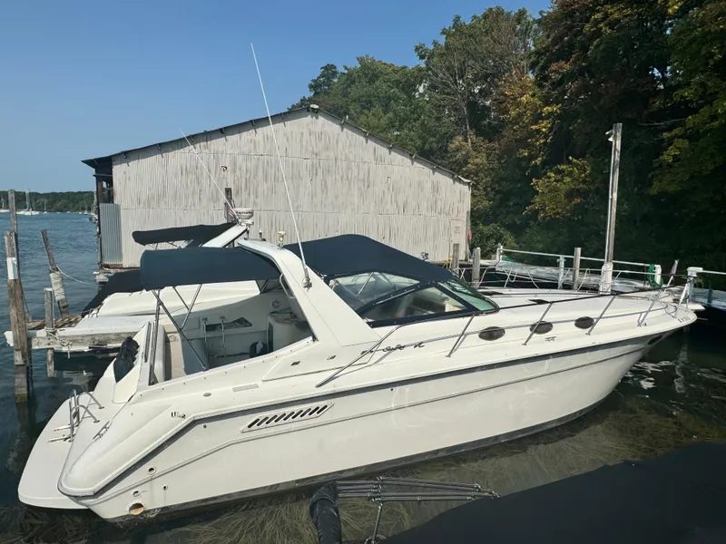The Image of 1995 Sea Ray 370 Express Cruiser docked near a wooden boathouse. - 0