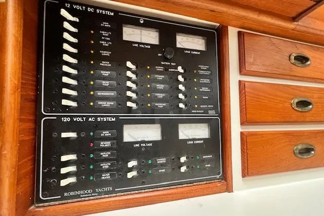 Slide: The Image of Electrical panel on a 1999 Robinhood Cutter yacht, featuring 12V DC and 120V AC systems. - 19