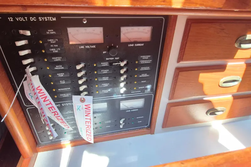 Slide: The Image of 1999 Robinhood Cutter electrical panel with winterized tags, featuring switches and gauges. - 14
