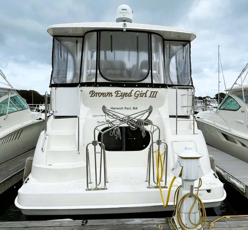 Slide: The Image of 2006 Silverton 39 Motor Yacht docked, named "Brown Eyed Girl III," Harwich Port, MA. - 4