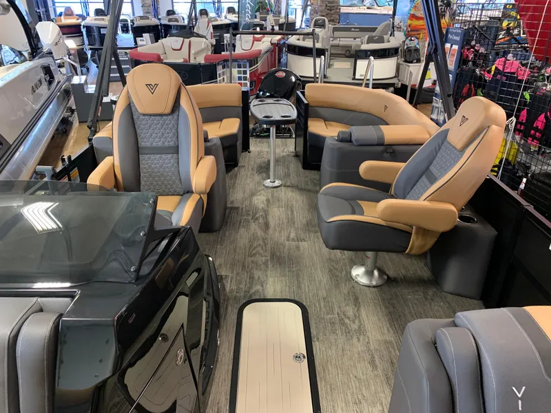 Slide: The Image of Luxurious 2025 Viaggio Lago Z22U boat interior with plush seating and modern design. - 2