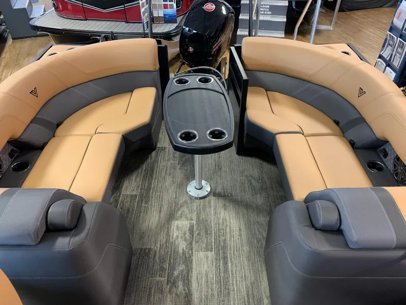 Slide: The Image of Luxurious interior of 2025 Viaggio Lago Z22U boat with tan and gray seating. - 6