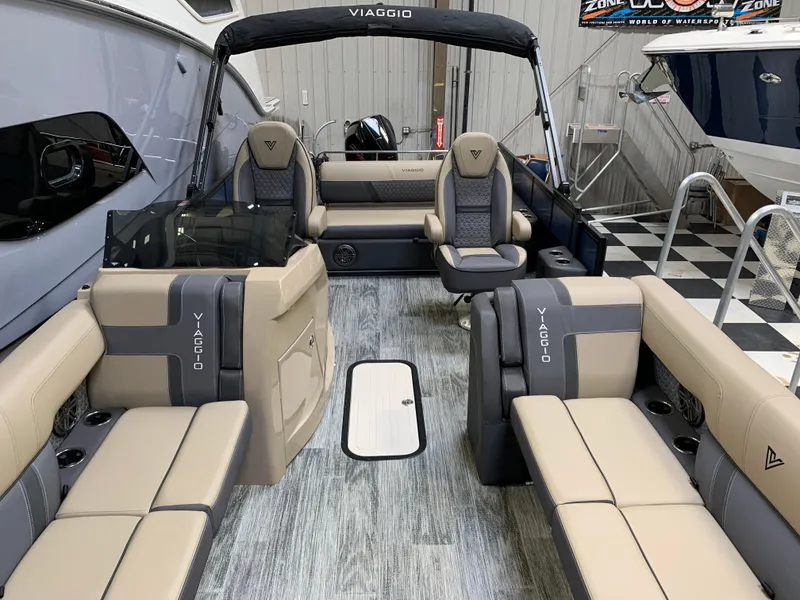 Slide: The Image of 2025 Viaggio Lago Z 24 S pontoon boat with spacious seating and modern design. - 2